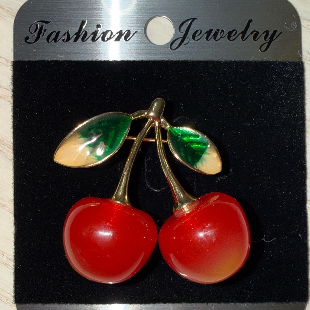 Elegant Cherry Brooch - Red and Green